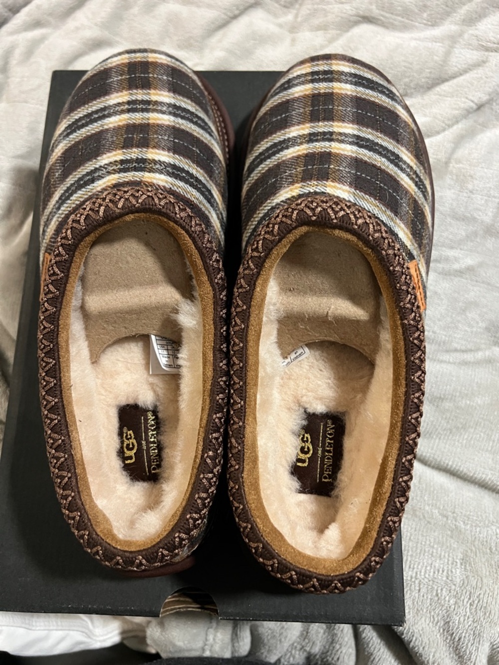 UGG Plaid Shearling-Lined Slip-On Slippers in Brown and Cream